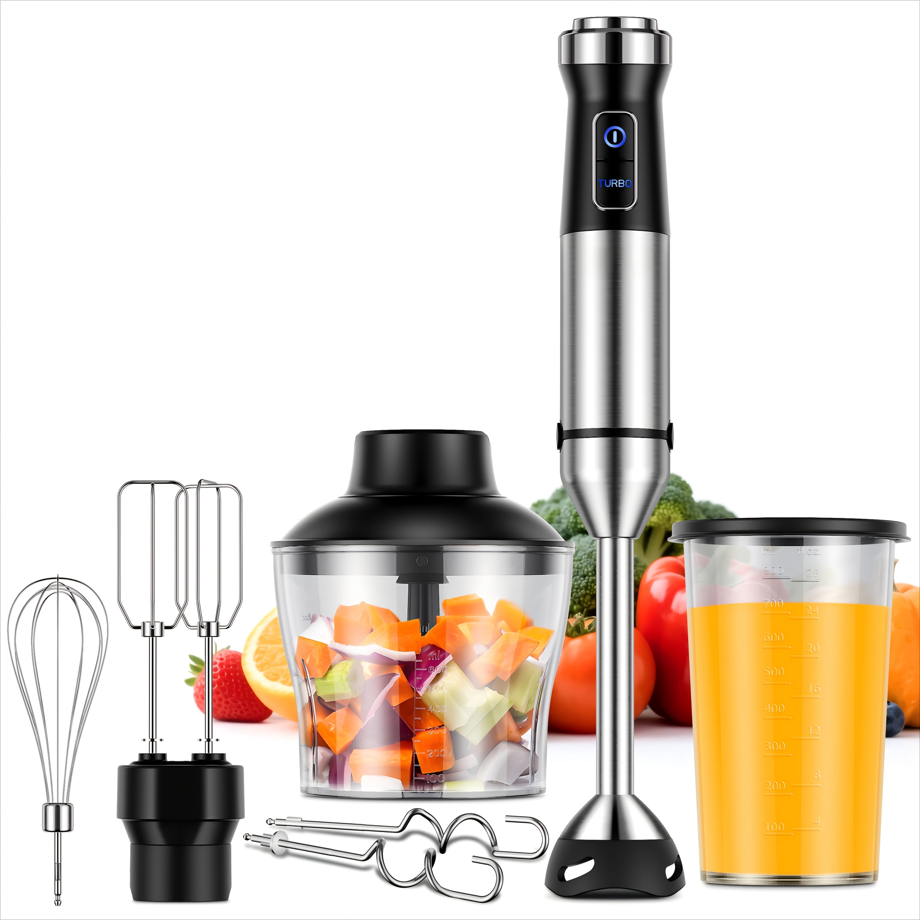 1000W 7-in-1 Immersion Blender Handheld - 20 Speed with Turbo Mode, Titanium Scratch-Resistant Blades, Includes Dough Hooks, Egg Beaters, Whisk, 800ml Beaker & 600ml Chopper, BPA-Free