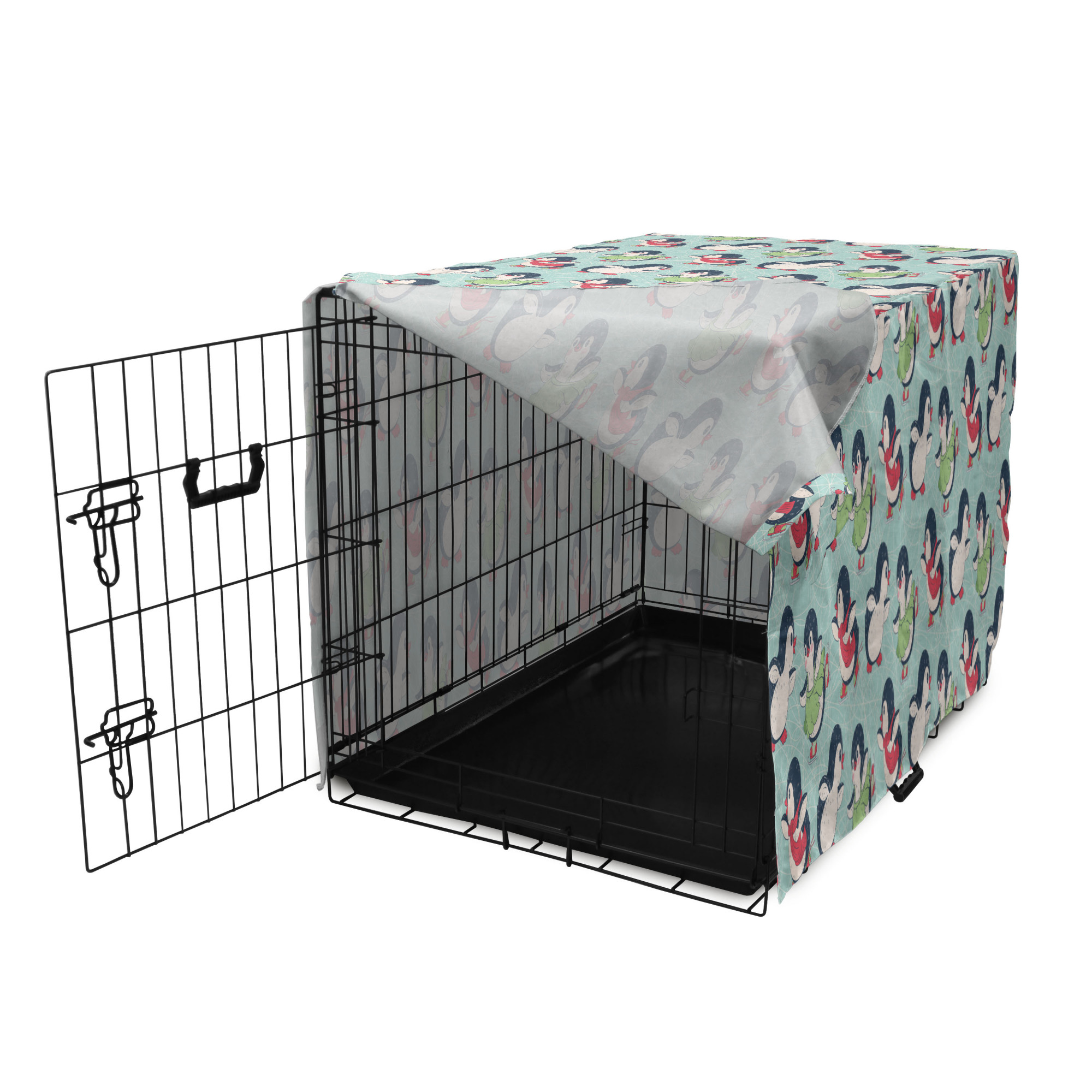 Penguin Dog Crate Cover, Cartoon Arctic Animals Ice Skating with Scarf and Skirts Pattern, Easy to Use Pet Kennel Cover Small Dogs Puppies Kittens, 7 Sizes, Pale Seafoam Multicolor, by Ambesonne - image 3 of 6