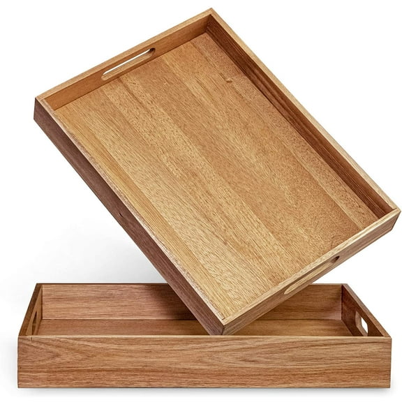 Acacia Wood Serving Tray with Handles Set of 2 – Decorative Serving Trays Platter for Breakfast in Bed, Lunch, Dinner, Patio, Ottoman, Coffee Table, BBQ, Party –Great for Lap &Couch