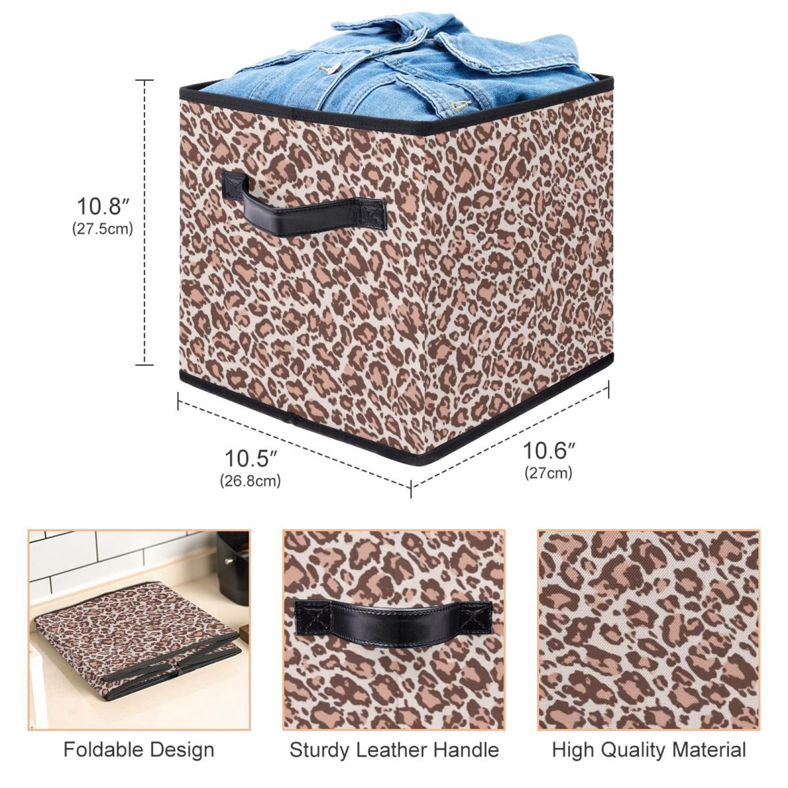 RATGDN Collapsible Fabric Cube Storage Bin with Double Handles for Living Room Bedroom Office Black - Light Pink Leopard Print