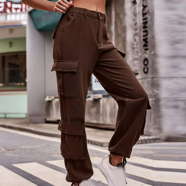 Stretch Cargo Pants for Women Solid Elastic Waist Denim Work Pants Multi  Pockets Comfy Streetwear Jogger Pants Loose Pants(XXL,Khaki) 