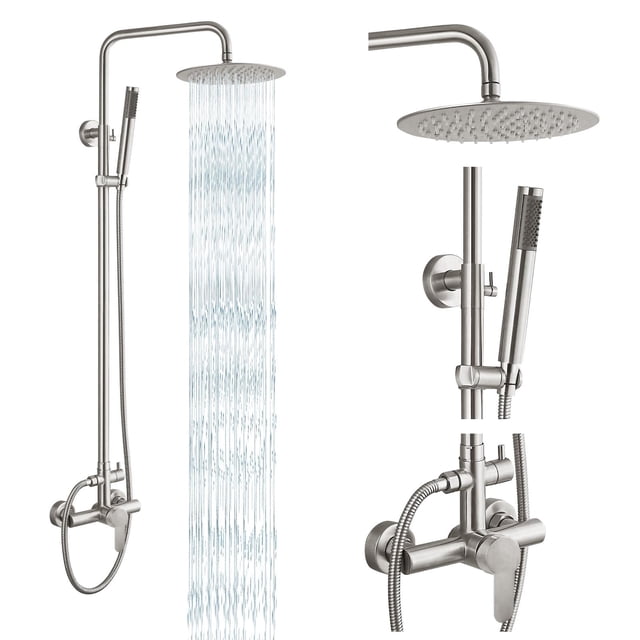 Gotonovo Accesorios de ducha para exteriores Sus304 Kit de ducha de lluvia de acero inoxidable Grifo Montaje en pared de alta presión 2 Función dual Cabezal de ducha de 8 pulgadas y rociador de mano C