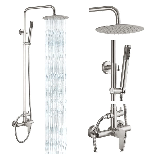Gotonovo Accesorios de ducha para exteriores Sus304 Kit de ducha de lluvia de acero inoxidable Grifo Montaje en pared de alta presión 2 Función dual Cabezal de ducha de 8 pulgadas y rociador de mano C