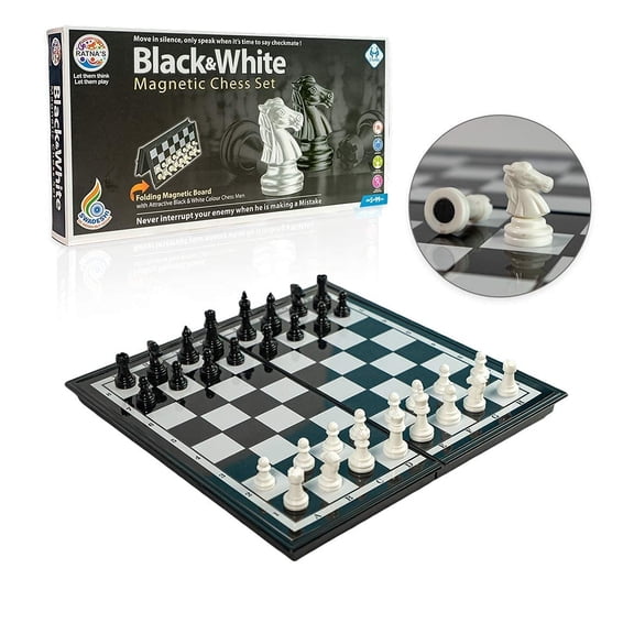 Magnetic Travel Chess Set, Folding Black and White Board with Storage for Pieces, Portable Family Game