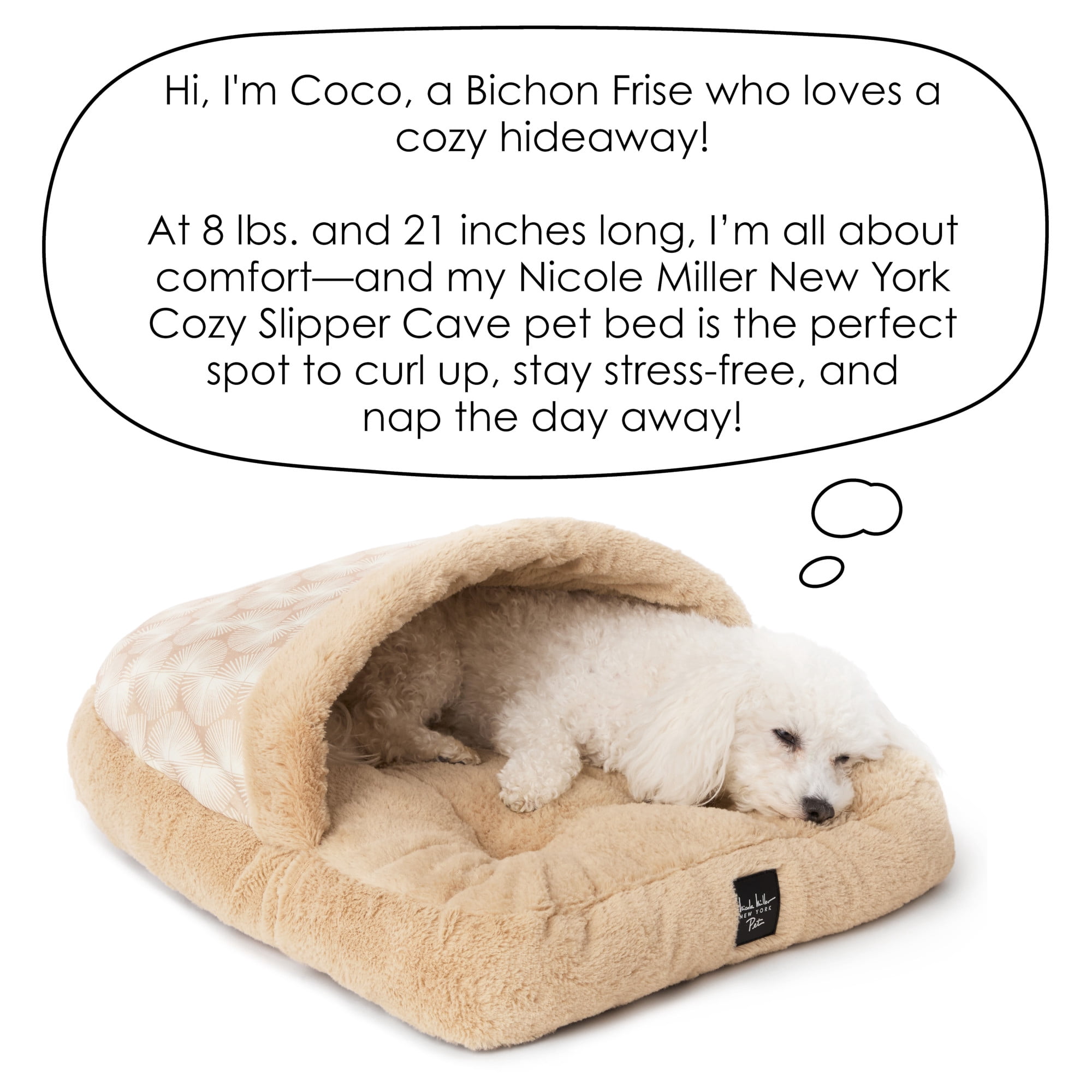 NICOLE MILLER NEW YORK PET Kendall Fluted Geo Cozy Slipper Cave Pet Bed, Cozy & Calming, Water Repellent, Non-Slip Bottom, Machine Washable, Taupe, Small 22"x17"x11"