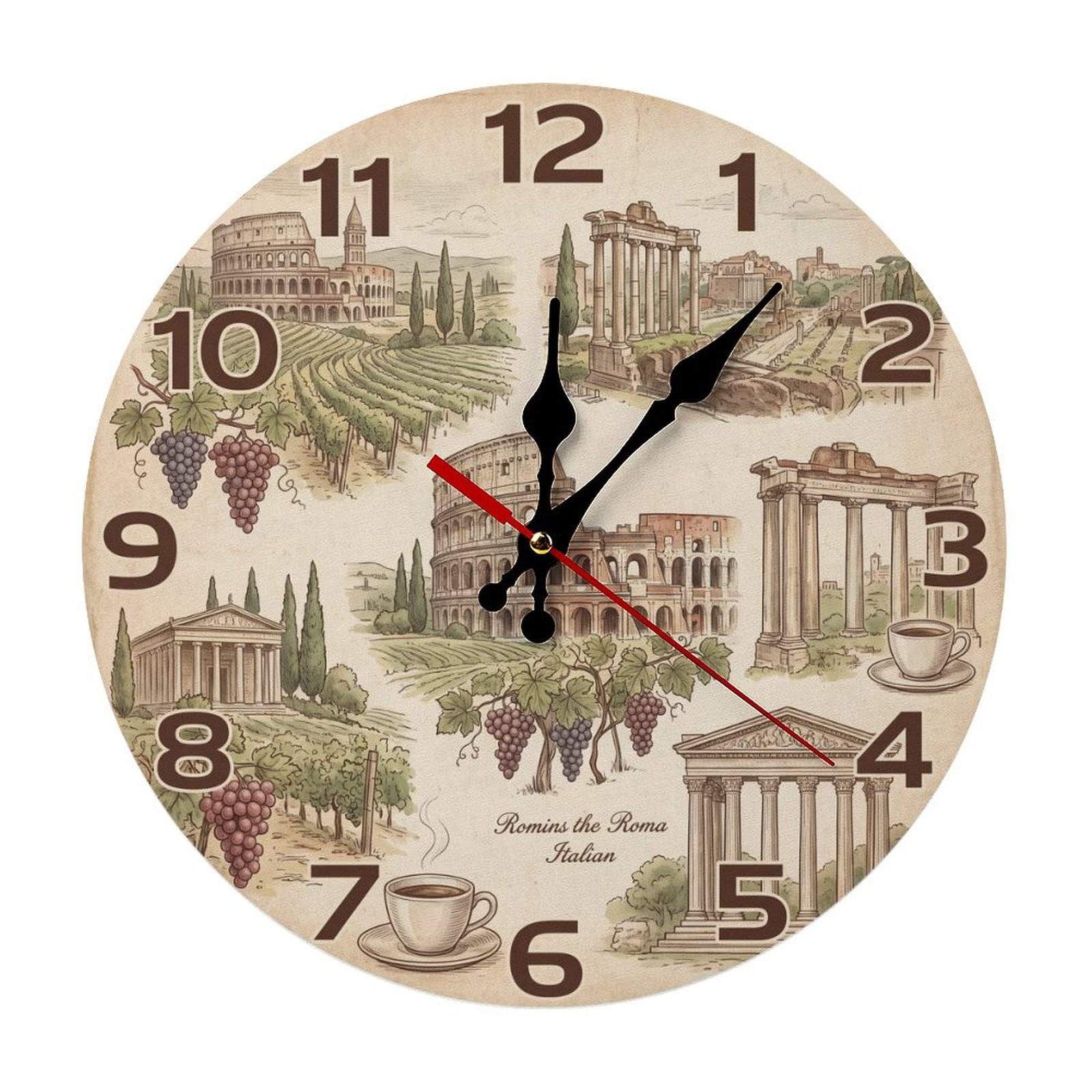 Roman Ruins & Tuscan VineyardClassic Circular Wood Hanging Clock, Complete Mounting Hardware Bedroom Decor Clock