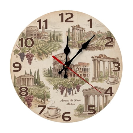 Roman Ruins & Tuscan VineyardClassic Circular Wood Hanging Clock, Complete Mounting Hardware Bedroom Decor Clock