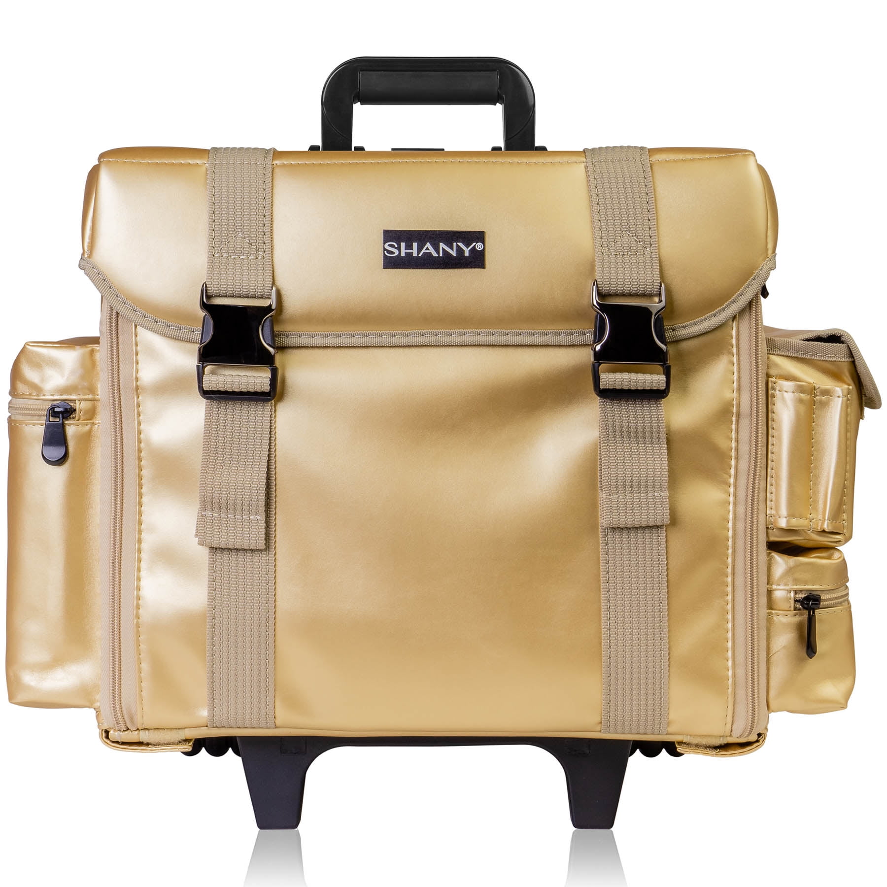 SHANY Makeup Artist Soft Rolling Trolley Cosmetic Case with Free Set of Mesh Bag Makeup Organizer - Travel Rolling Makeup Bag - Gold Medal