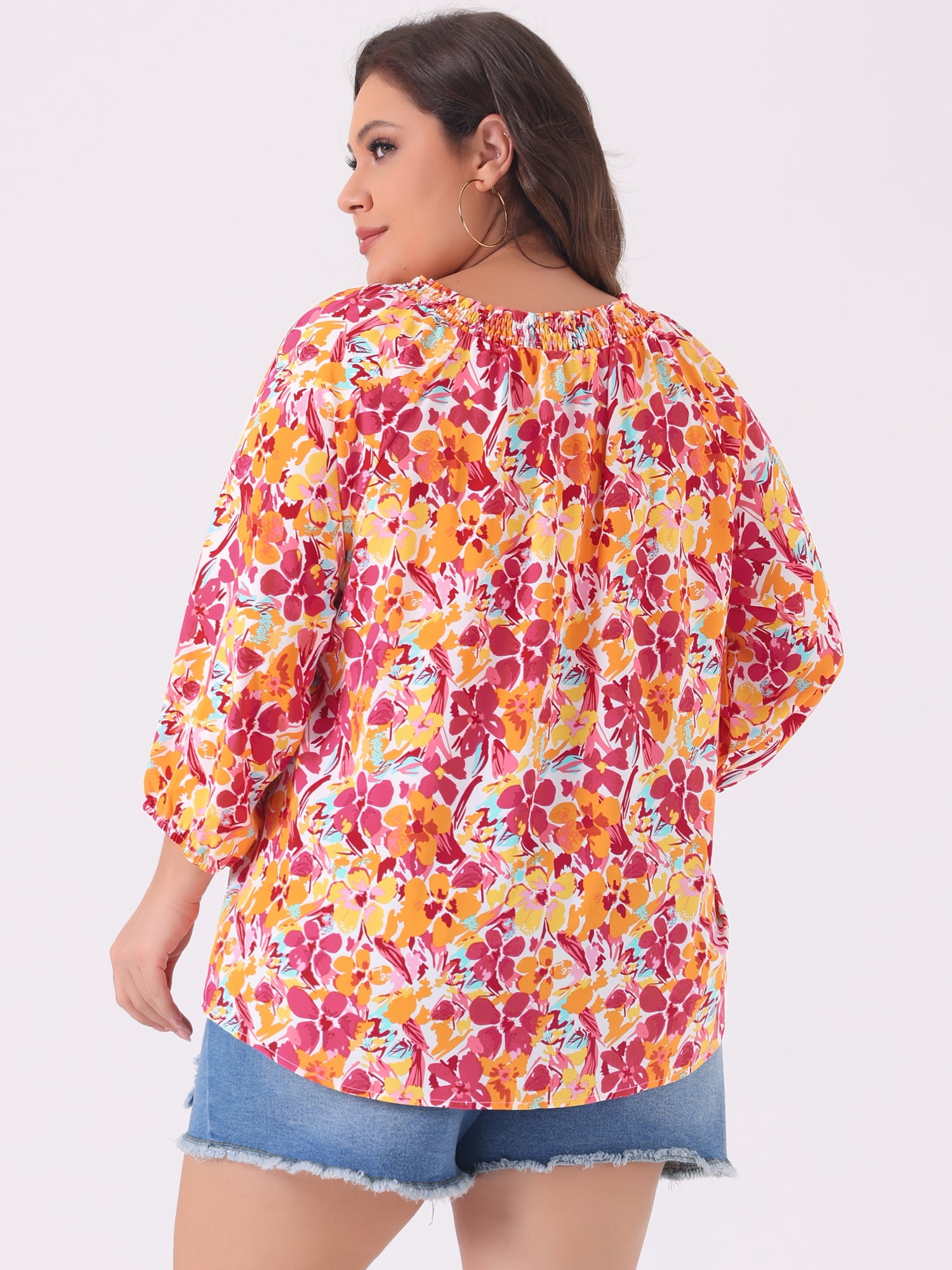 DARING DIVA Women's Plus 3/4 Sleeves Self Tie Neck Floral Blouse 1X Orange