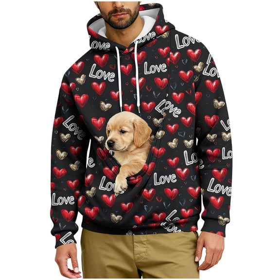 Gytharion Pet Pouch Hoodies for Men Trendy Heart Print Dogs Pouch Hooded Sweatshirts Loose Comfy Long Sleeve Pullover Tops for Valentine's Day