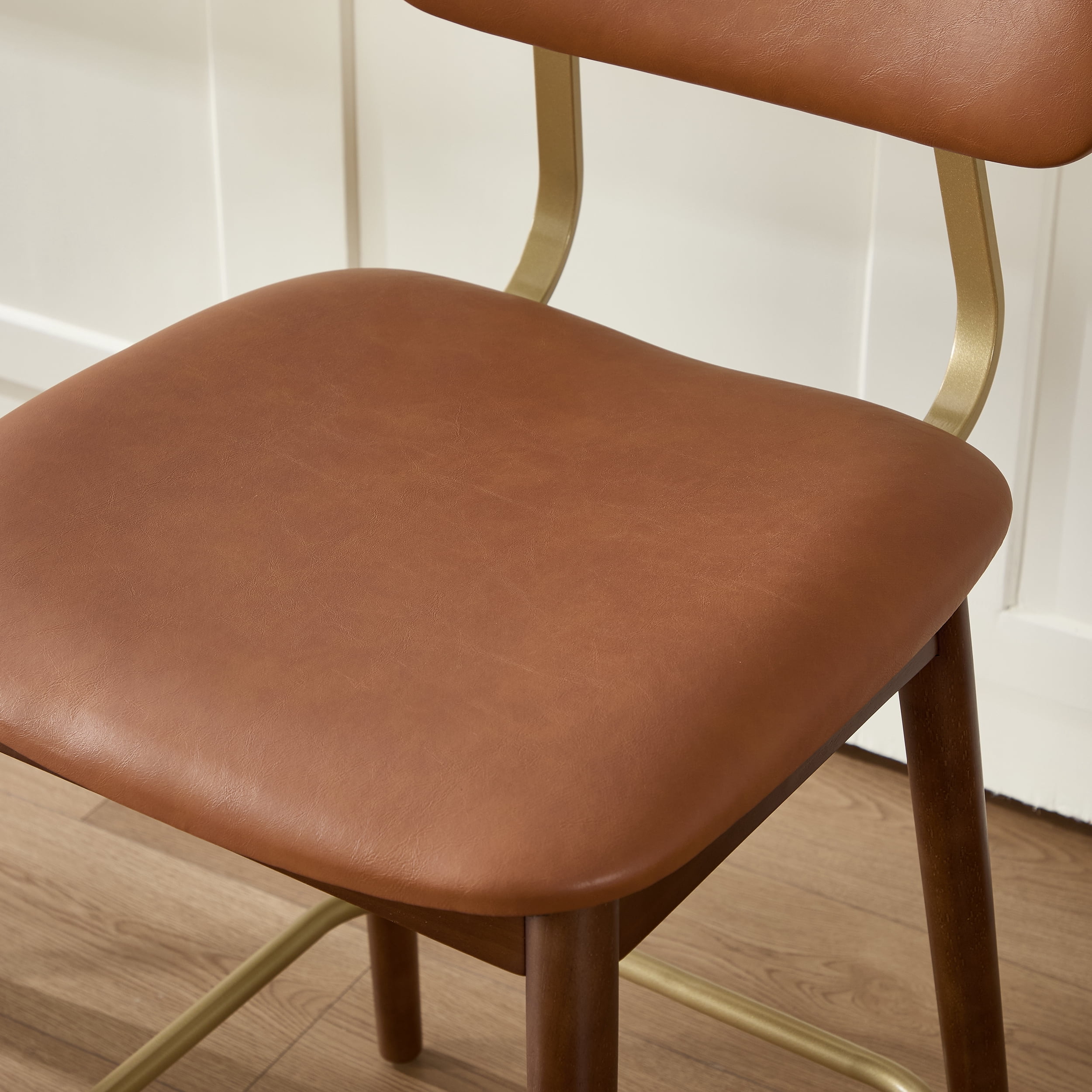 Garitin Bar Stool Set of 2 and Counter Height Chairs, Wooden Vinyl Upholstered Seating with Curved Backrest for Kitchen Bar, Brown