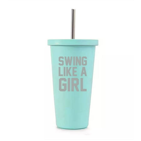

16 oz Stainless Steel Double Wall Insulated Tumbler Pool Beach Cup Travel Mug With Straw Swing Like A Girl Golf Softball Kettlebell (Teal)