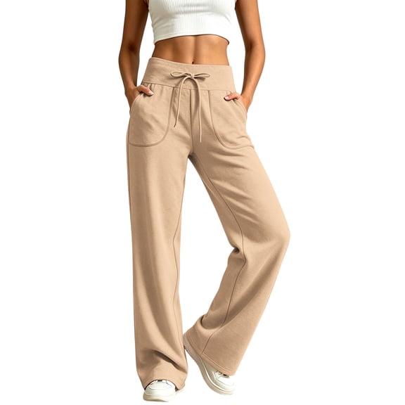 ClodeEU Women's Wide Waistband Drawstring Wide Leg Sweatpants,Casual Loose Trousers with Pockets Beige,Women's Plus L