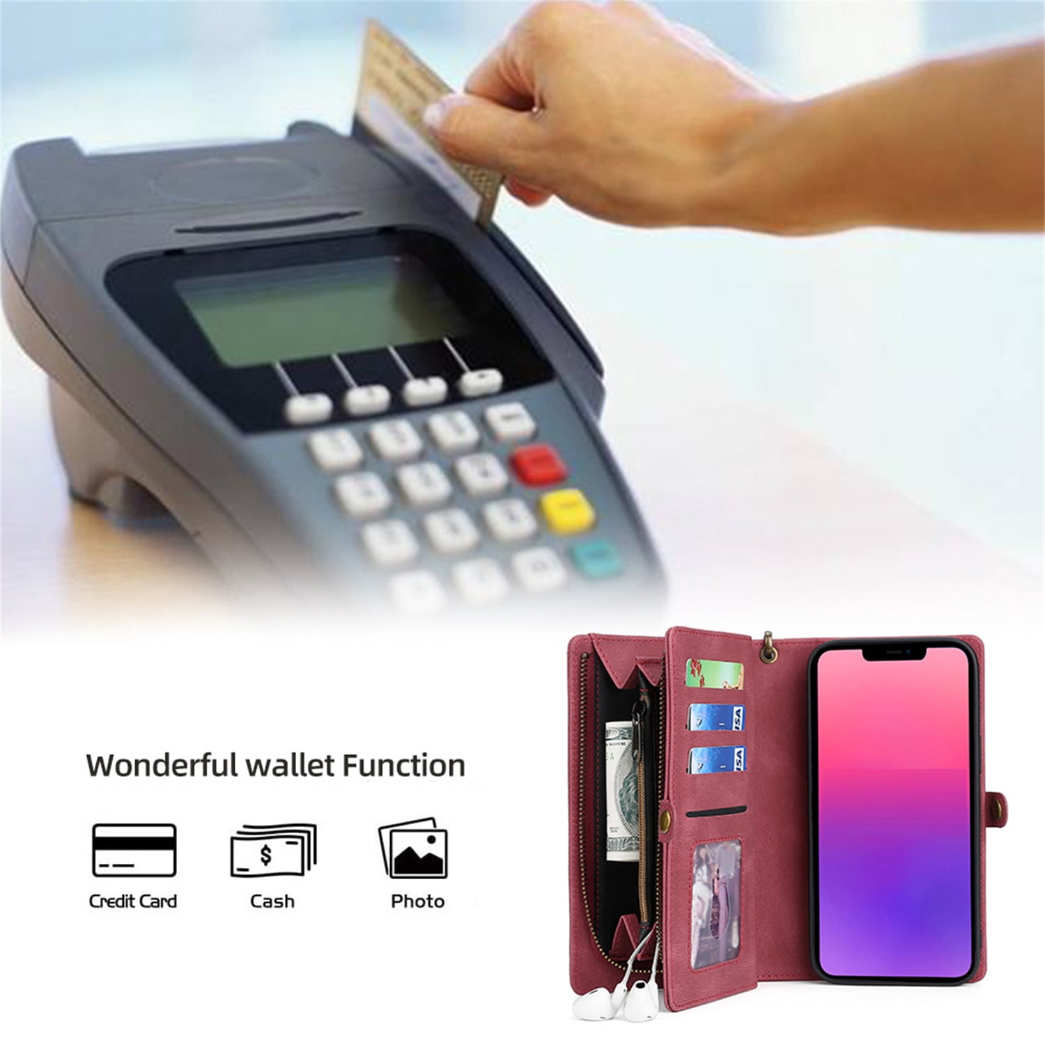 Defencase for iPhone 13 Mini Case for Women Men, Removable Durable PU Leather Magnetic Flip Strap Wristlet Zipper Purse Card Holder Detachable Wallet Phone Cases for iPhone 13 Mini, Red
