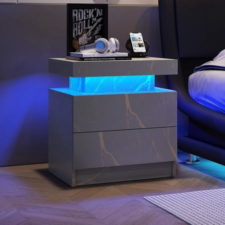 Modern End Side Table With Led Lights & 2 Drawers Large Storage Space For Bedroom And Living Room (grey Gold Nightstand Drawers In Grey - Adjustable Ample