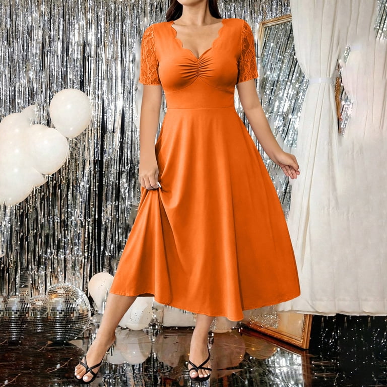 ladies orange midi dresses Vbvc Women's Scalloped V Neck Lace Short Sleeve Dress , Ladies' Fit and Flare Casual Dress , Elegant A Line Party Dress For Women,Orange,S-5XL Tea Length Bridesmaid Dress