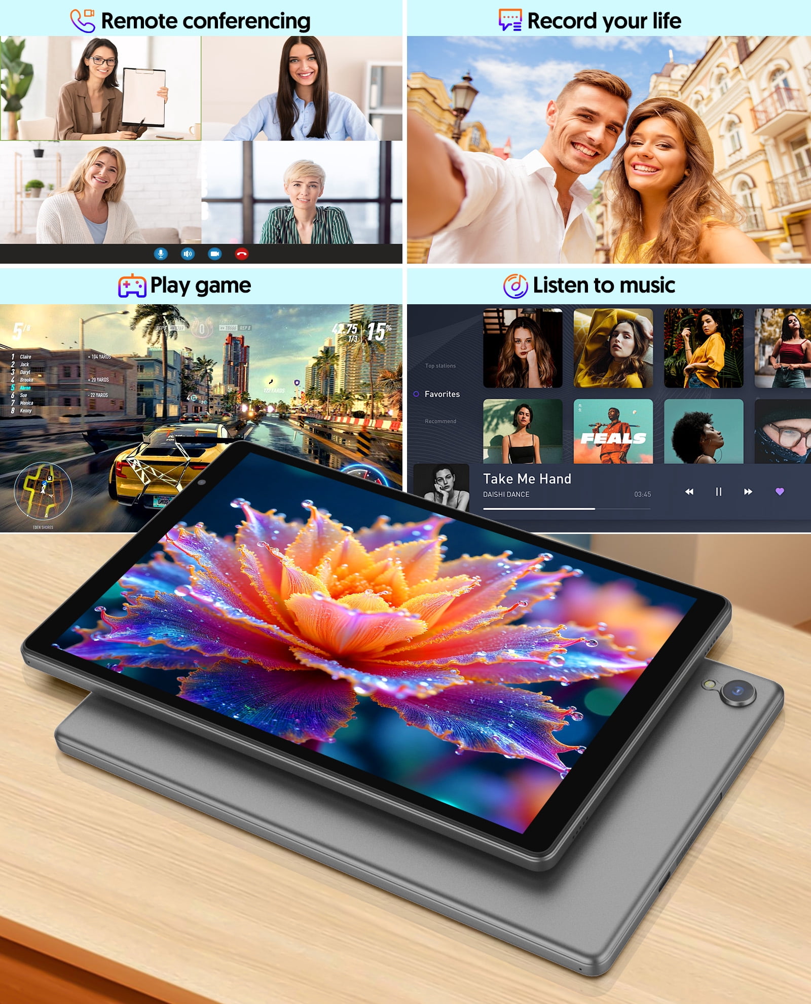 Android Tablet, 10 inch Android 14 Tablet, Quad-core CPU, RAM 4GB（2G+2G）, ROM 32GB (Up to 1TB), 800x1280 IPS, WiFi 6, 2MP+2MP, 6000mAh, Grey