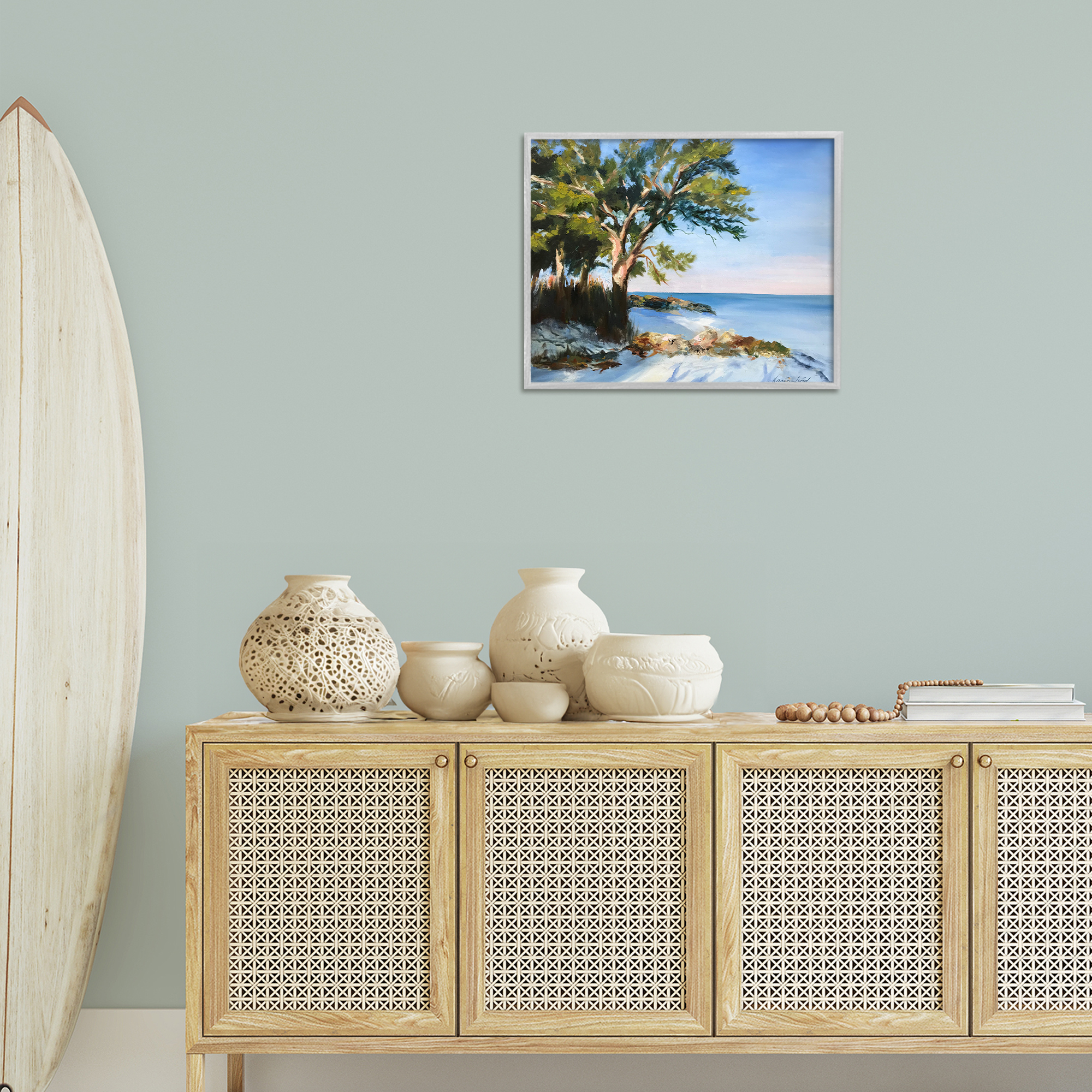 Stupell Industries White Sand Beach Landscape Painting Gray Framed Art Print Wall Art, 20 x 16