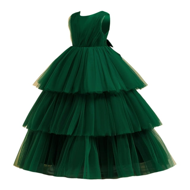 PMVFHDE Robe Tutu Fille à Volants Manches Bouffantes en Maille Robe de Princesse Robe de Fête, Vert, 6-7 Ans