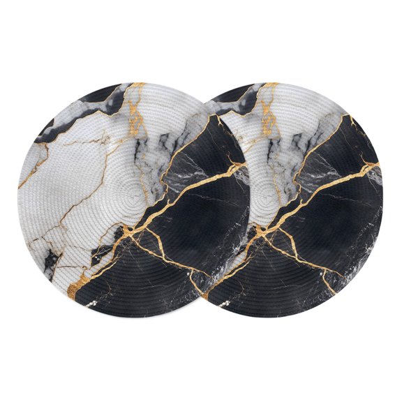 Round Placemats Marble 15 inch Set of 2 Table Mats for Dining Table Black Golden Heat Resistant Non-Slip Kitchen & Home Decorative Place Mat Set
