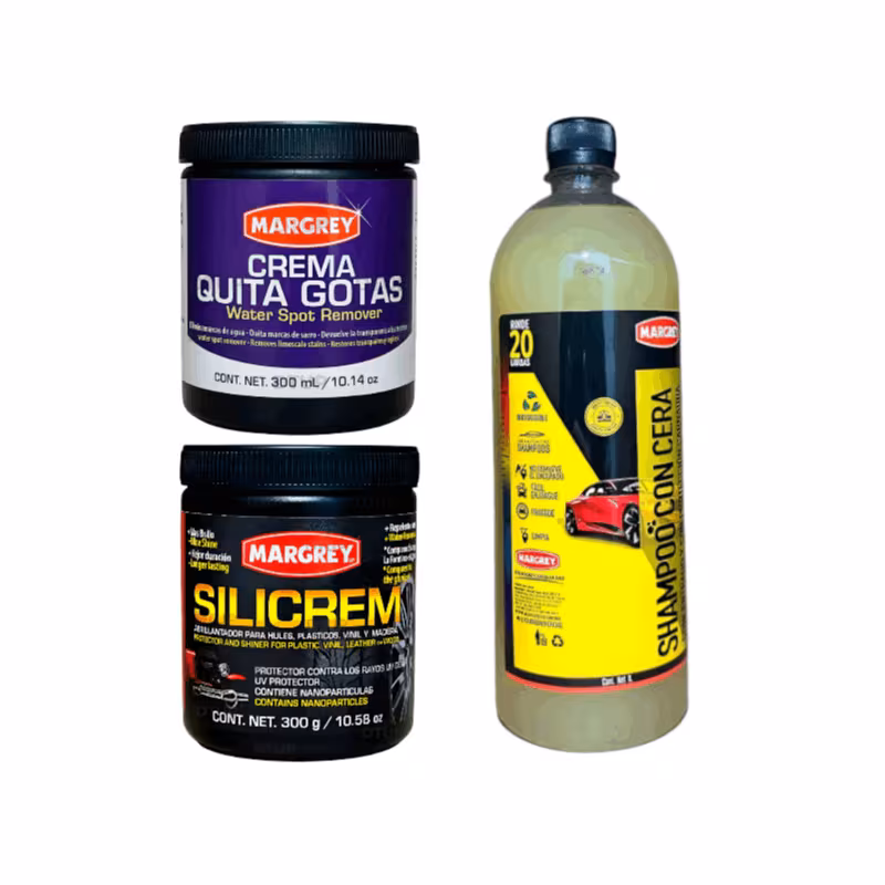 thumbnail image 1 of Combo Limpieza y Brillo Margrey | Crema Quita Gotas 300 ml + Shampoo Cera Platinum 1 L + Pulidor Silicrem 300 g, 1 of 1
