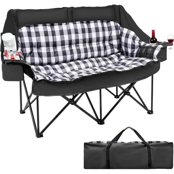 DKMOCO Oversized Padded Double Camping Chair Heavy Duty Folding Loveseat Supports up to 800 lb, 2 Person Outdoor Lawn Chair Set for Beach Camp Patio with Cooler Bags and Storage Bag