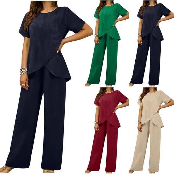 Xaqiouau 2 Piece Sets for Women Short Sleeve Tops Wide Leg Pants Casual Matching Outfits Ribbed Lounge Sets Loose Fit Travel Vacation Clothes