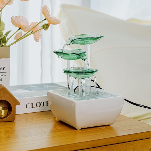 EPEECEHOMIE 5.5x5.5x8.27 Inch Zen Tabletop Fountain with LED Lights & Acrylic Diamonds - USB-Powered Ceramic Glass Water Feature for Office Desk, Home Decor Relaxation