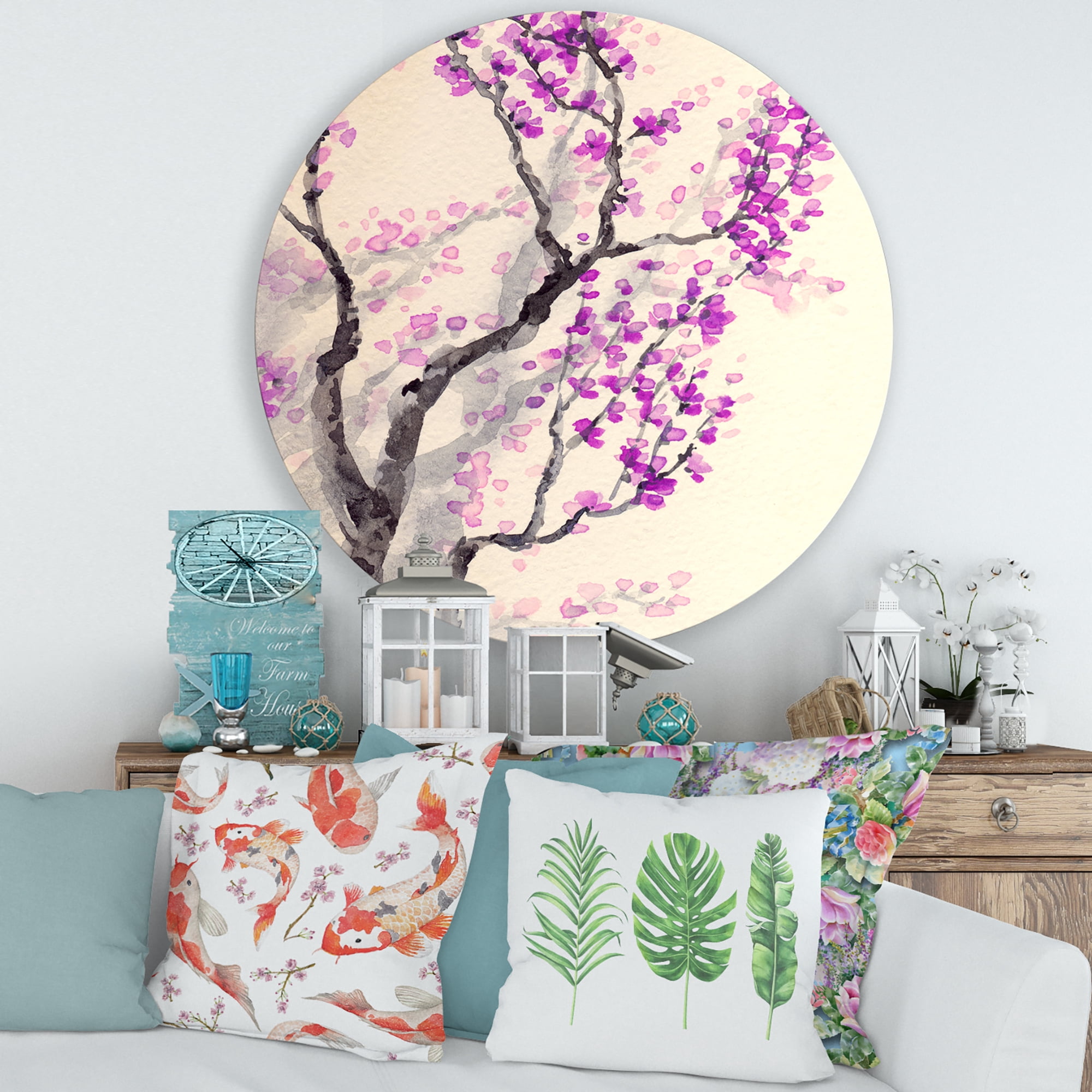 Designart 'Abstract Spring Purple Flowers On Tree Branches' Traditional Circle Metal Wall Art 36x36 - Disc of 36
