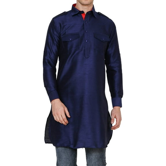 Royal Kurta Men's Silk Blend Pathani Kurta Churidar Set Blue