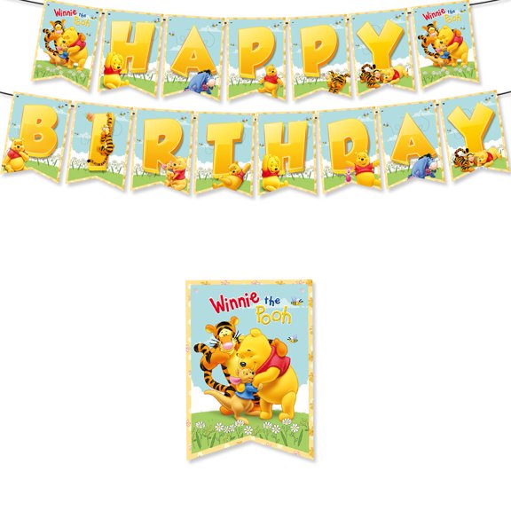 Winnie Happy Birthday Banner Pooh Themed Party Signs for Boys Girls Birthday Party Indoor Decorations