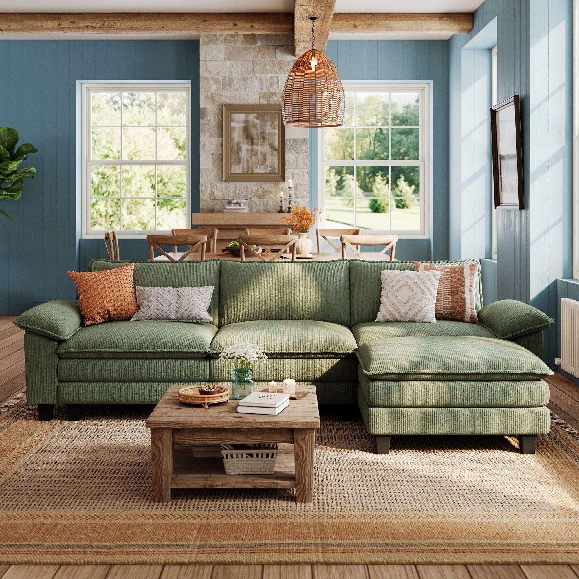 Linsy Home 123" Oversized Modular Sectional Sofa with Movable Ottoman, 3-Seat L Shaped Cloud Couch for Living Room, Green