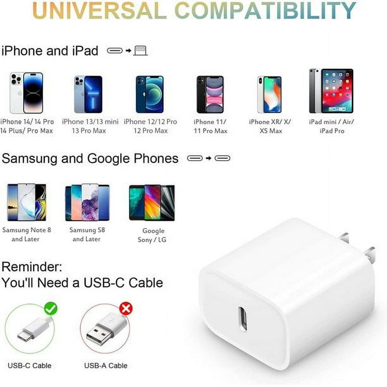 Chargeur USB 1 Port pour Apple iPhone 14, 13, 12, 11, X, XS, XR, 8