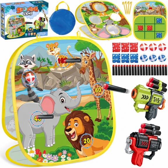 NEXKEX 4-in-1 Kids Toss Target Game with 2 Soft Dart Blasters, Foam Darts, Sticky Balls, Bean Bags, Indoor and Outdoor Play Set for Ages 3 