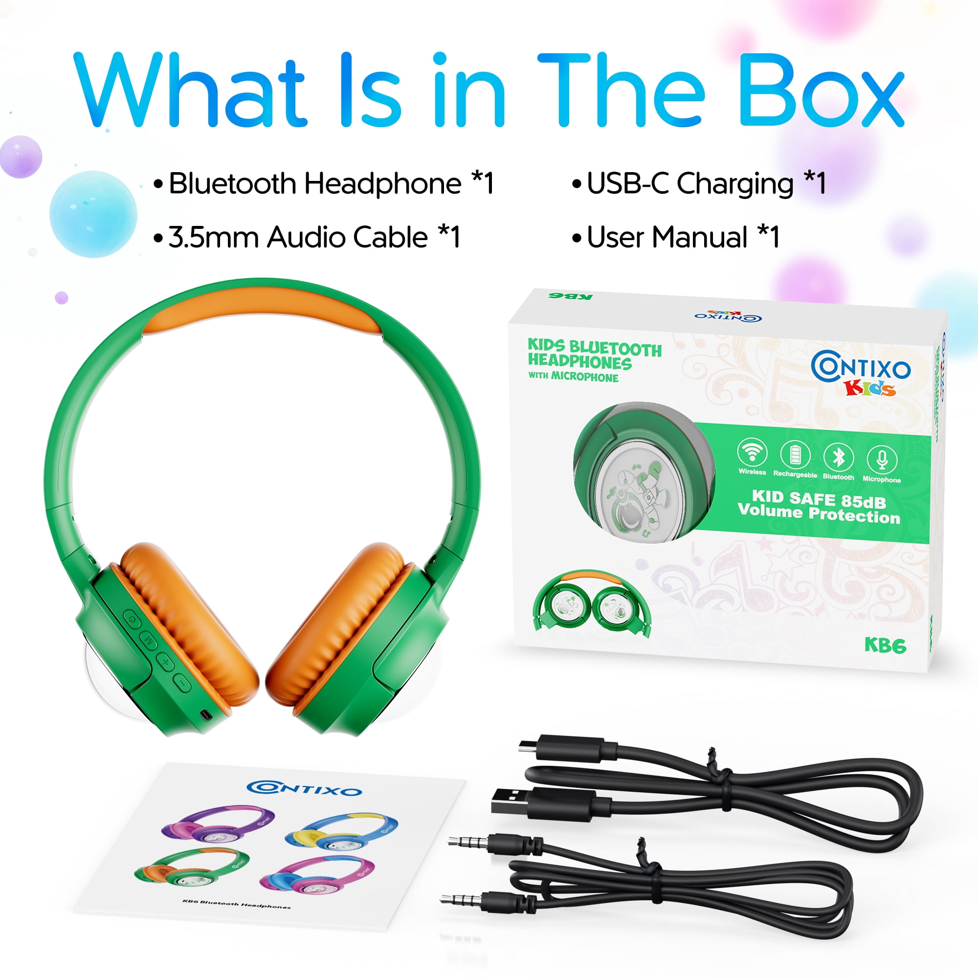 Contixo Foldable Kids Headphones with Microphone, Noise-Limiting Bluetooth Headphones, Green