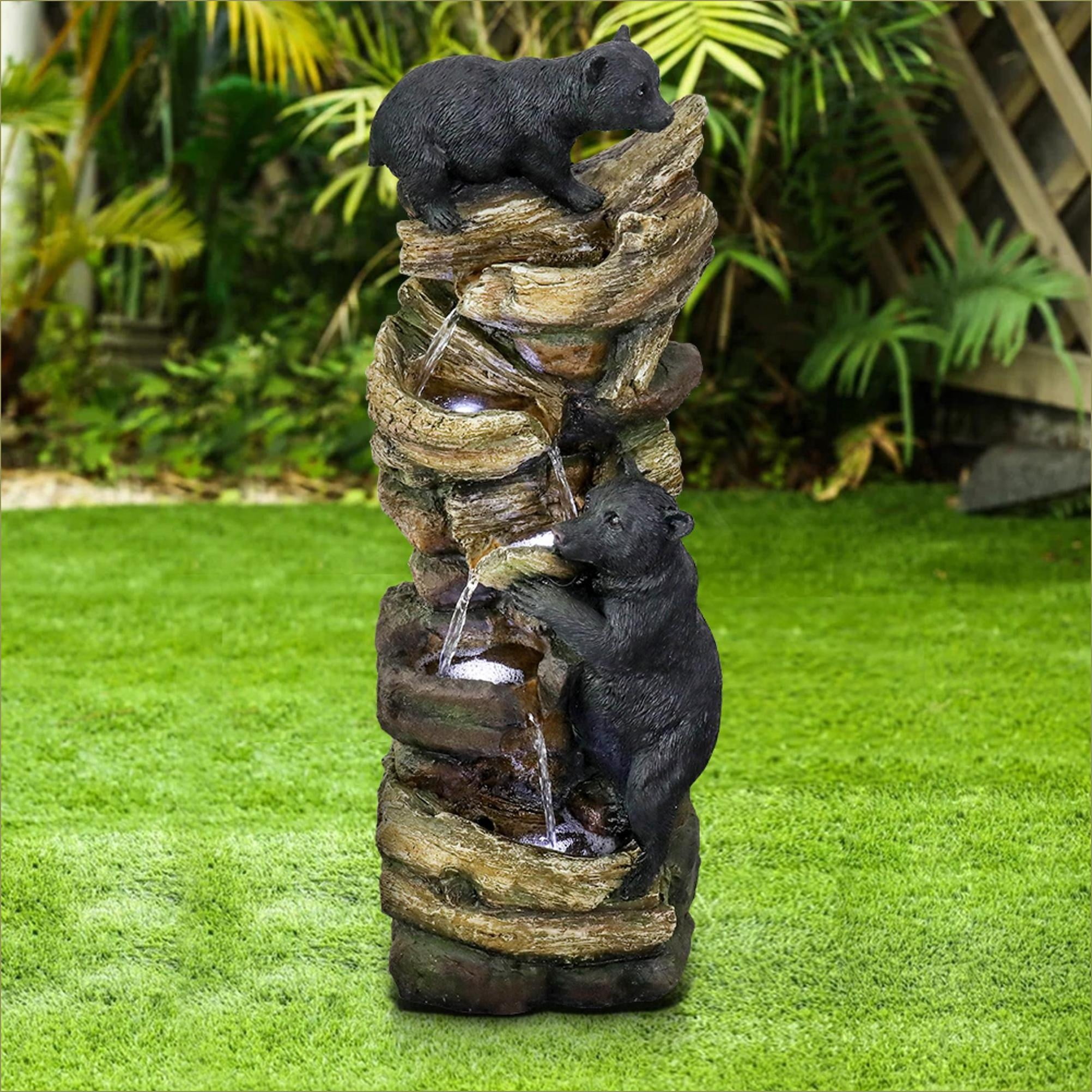 Fountains 39.3" H 5-Tier Nature Outdoor Fountain for Patio Lawn Garden, with LED Lights | Tan Brown | Resin