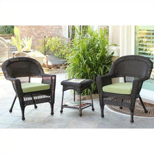 Jeco 3 Piece Wicker Conversation Set in Espresso with Green Cushions