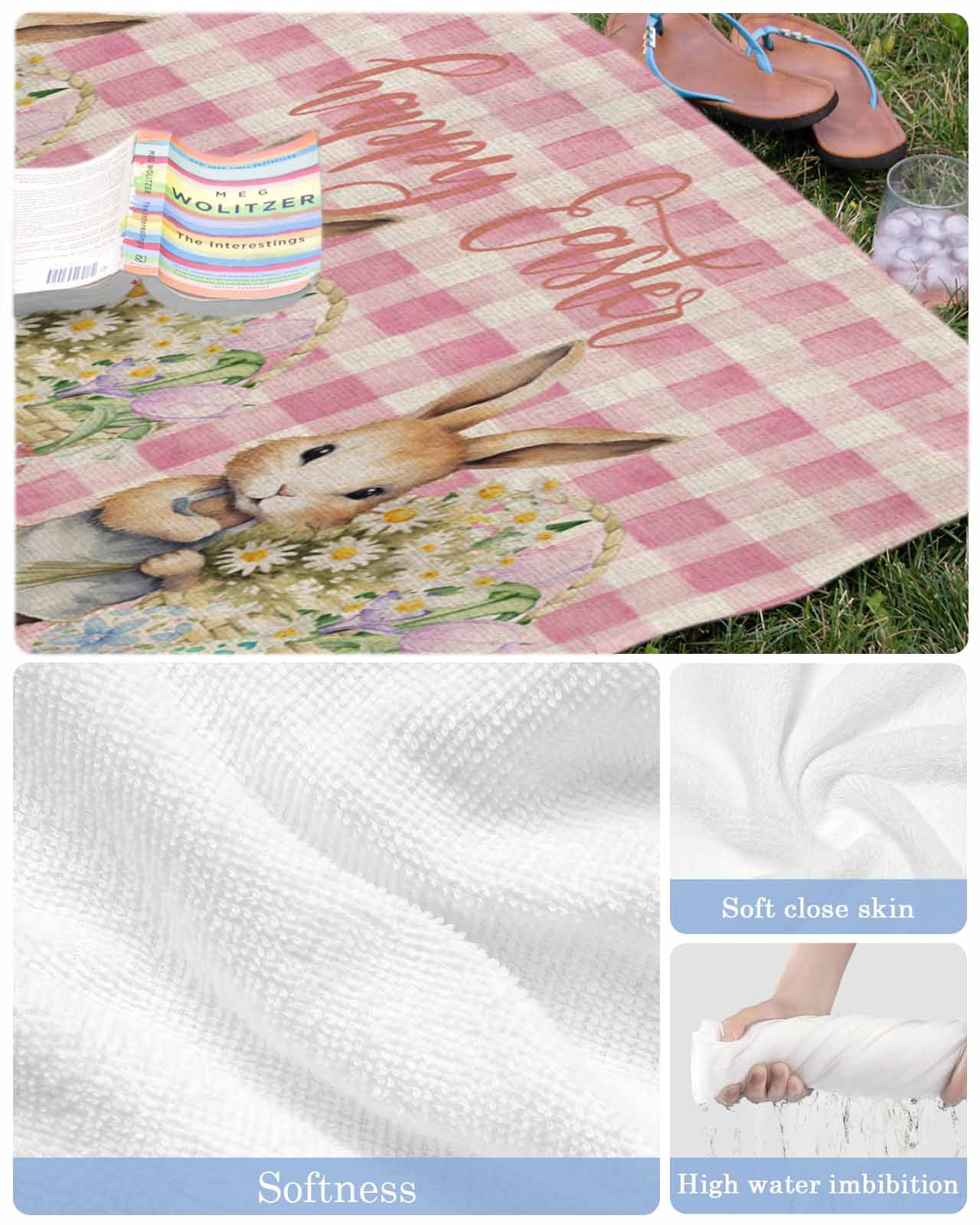 Easter Day, Beach Towels Oversized Super Absorbent, Easter Bunny Easter Eggs Daisy Plaid Pink Lightweight Bath Towel Quick Dry Sets For Bathroom/Pool/Rv Camping/Beach Play/Gym Room/Picnic 30"x60"