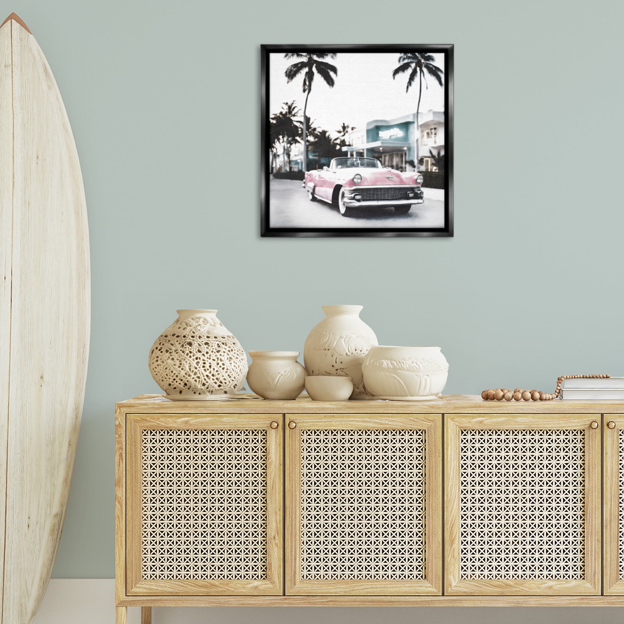 Stupell Industries Tropical Cruise Antique Car Transportation Painting Black Floater Framed Canvas Art Print Wall Art, 25 x 25