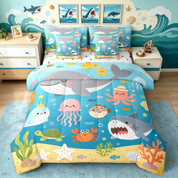 Manfei Cartoon Ocean Twin Bedding, Kawaii Whale Shark Bedding Comforter Set, Bright Blue, Polkadot Reversible, 7-Piece
