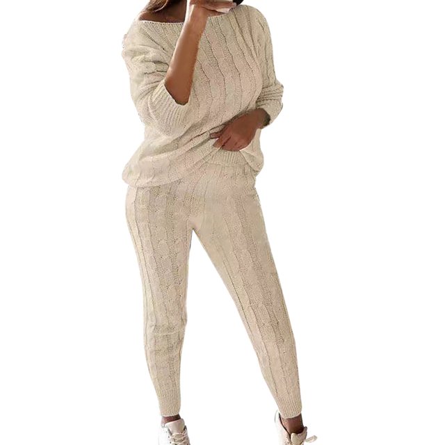 Gibobby Conjunto de sudadera y pantalones informal de invierno para mujer, de manga larga, suéter tejido, blusa superior y pantalones largos, conjunto de ropa(Beige,M)