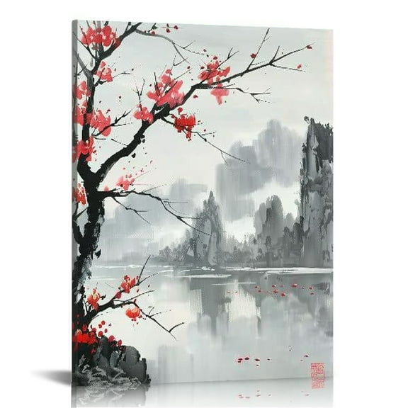 ONETECH Red Plum Blossom Floral Wall Art Traditional Chinese Style Picture Canvas Posters Print Modern Artwork Framed For Living Room Bathroom Bedroom Wall Home Decor