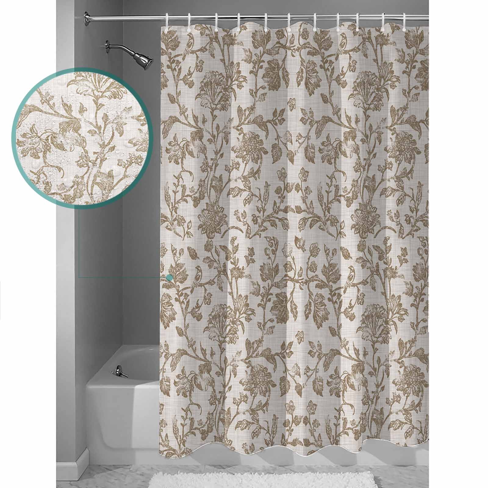 Farmhouse Khaki Bathroom Curtain 78 Inch Shower Curtain with Hooks, Vintage Flower Leaf Botanical Plant Waterproof Polyester Bath Curtain Washable Bathtub Curtain 54''x 78''