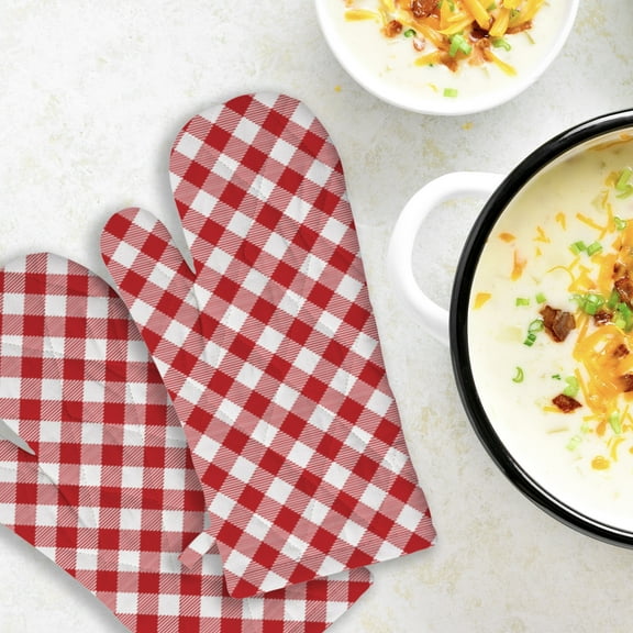 Set of 2 Red Gingham Oven Mitts by Ashton