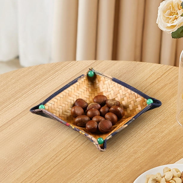 Bandeja para servir de ratán, plato de almacenamiento de frutas secas, plato para servir aperitivos, platos, bandeja para servir aperitivos para 17x17x5cm