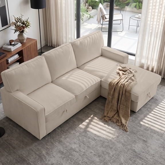 Convertible Sleeper Sofa Bed, 89" L Shaped Sectional Couch with Pull Out Bed, Storage Chaise & Reversible Lounge, Chenille Sectional Sofa, Beige