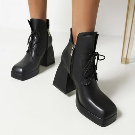 

LnjYIGJ High Heels Shoes Women s Plus Velvet Square Toe Thick High Heel Lace Up Side Zipper Low Top Bare Boots