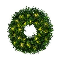 Nearly Natural 18in. Pre-Lit Artificial Boxwood Wreath with 25 Warm White LED Lights