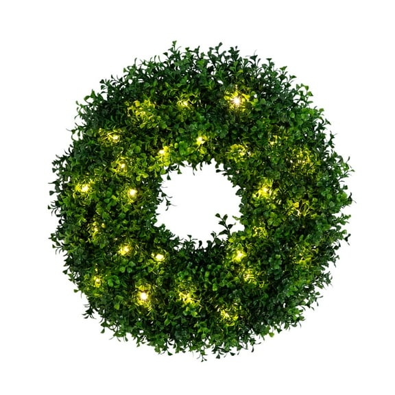 Nearly Natural 18in. Pre-Lit Artificial Boxwood Wreath with 25 Warm White LED Lights