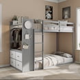 thumbnail image 2 of Newest Twin over Twin Bunk Bed with 4 Drawers & Wardrobe, Modern Wood Frame with Light Strip and Pegboards, Gray, 2 of 13